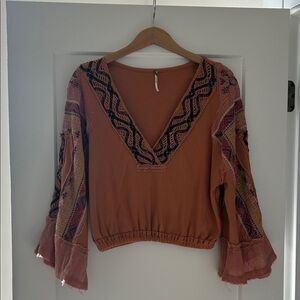 Free People Rust Embroidered V-Neck Blouse